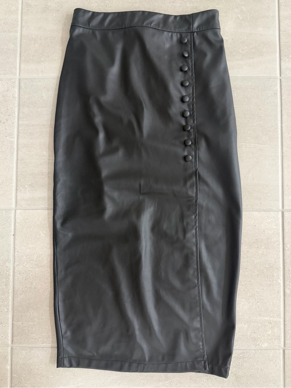 Classic Black Faux Leather Pencil Skirt with Covered Button Trim